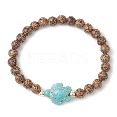 Summer Beach Turtle Dyed Synthetic Turquoise & 6.5mm Round Wenge Wood Beaded Stretch Bracelets for Women BJEW-JB10515-01-1