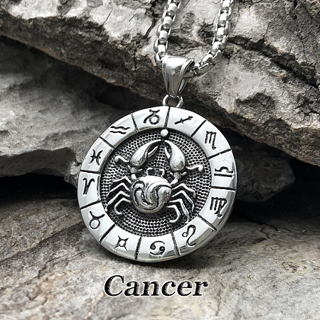 Flat Round with Engraved Twelve Constellation Alloy Pendant Necklace for Women Men WG25F4B-03-1