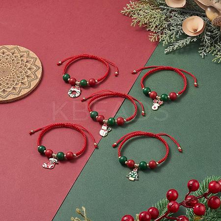 5Pcs 5 Styles Adjustable Red Green Round Wood Braided Bead Bracelet Sets BJEW-JB09928-S-1