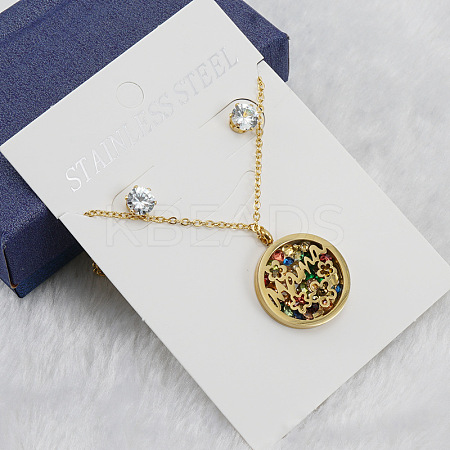 Mother's Day Flat Round with Flower & Word Mama Stainless Steel with Cubic Zirconia Pendant Necklaces & Stud Earring Sets WG8ED63-02-1