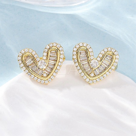Heart Brass Micro Pave Clear Cubic Zirconia Cuff Earrings EJEW-H158-21G-1