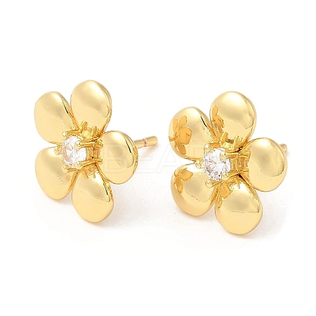 Brass Flower Stud Earrings with Clear Cubic Zirconia EJEW-Q770-10G-1