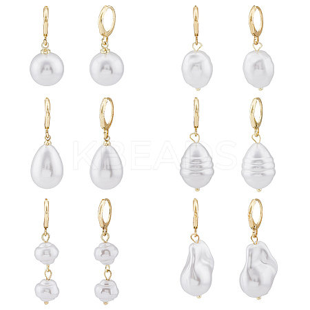 6 Pair 6 Style Natural Pearl Dangle Leverback Earrings EJEW-AN0003-56-1