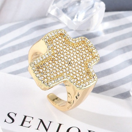 Brass Micro Pave Clear Cubic Zirconia Open Cuff Rings for Women LS-RJEW-R011-03G-01-1