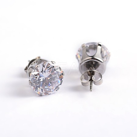 Flat Round 304 Stainless Steel Cubic Zirconia Stud Earrings EJEW-H306-38-4mm-A-1