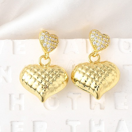 Textured Heart Brass Micro Pave Clear Cubic Zirconia Dangle Stud Earrings EJEW-Z099-02G-01-1