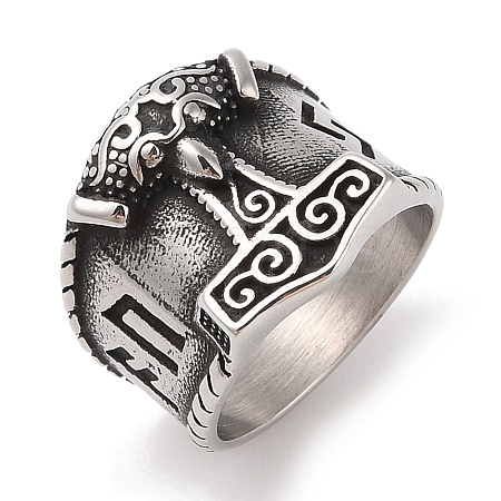 Viking 304 Stainless Steel Thors Hammer Rune Mjolnir Wide Finger Rings for Men RJEW-U005-10AS-1