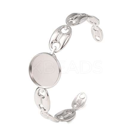 304 Stainless Steel Coffee Bean Chain Cuff Bracelet Blanks with Flat Round Bezel Settings SA-CBA4160-02B-P-1