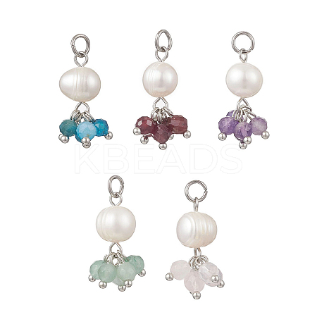Natural Green Aventurine & Garne & Amethyst & Rose Quartz & Apatite Faceted Round & Potato Pearl Pendants PALLOY-JF04750-01-1