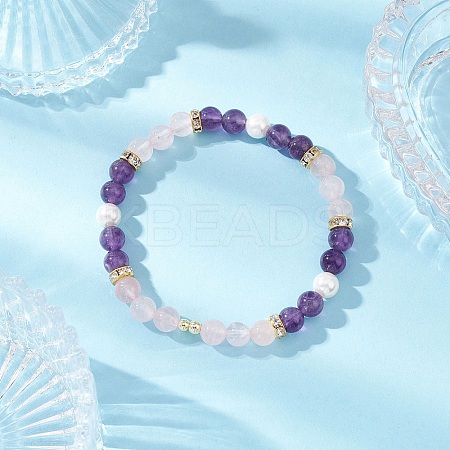 Natural Amethyst & Rose Quartz  & Shell Pearl Round Beads Stretch Bracelets for Women BJEW-JB12229-02-1
