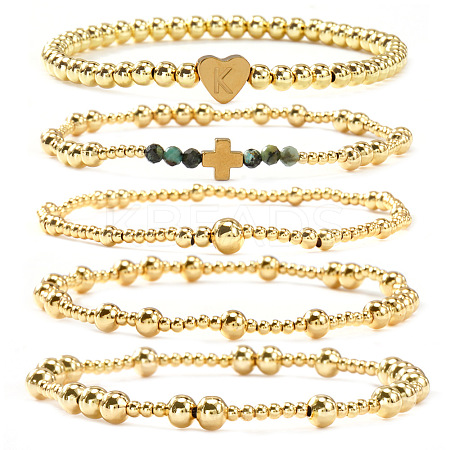5Pcs Brass & Natural African Turquoise(Jasper) Beads Stretch Bracelets for Women BK1359-6-1