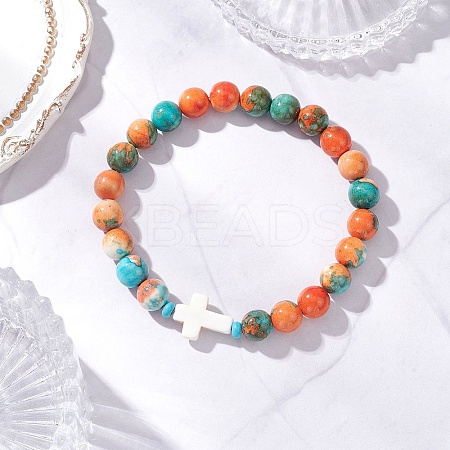 Dyed Synthetic Ocean White Jade & Turquoise Beaded Stretch Bracelets for Men Women BJEW-JB12372-01-1