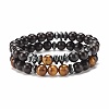 2Pcs 2 Style Natural Wood & Tiger Eye & Synthetic Hematite Stretch Bracelets Set BJEW-JB07940-1