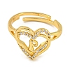 Heart with Letter Rack Plating Brass Micro Pave Clear Cubic Zirconia Adjustable Rings for Women RJEW-I105-01G-P-2