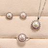 Flower Brass Micro Pave Clear Cubic Zirconia with Natural Freshwater Pearl Pendant Necklace & Stud Earrings & Finger Ring WG8FE37-01-1