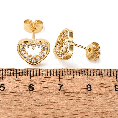 Brass Micro Pave Clear Cubic Zirconia Heart Stud Earrings EJEW-K267-29G-1