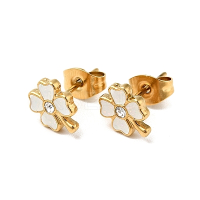 Ion Plating(IP) Enamel Clover with Crystal Rhinestone Stud Earrings with 316 Surgical Stainless Steel Pins EJEW-A081-12G-03-1