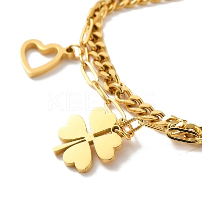 Ion Plating(IP) 304 Stainless Steel Chain Multi-strand Bracelet with Heart and Clover BJEW-P272-03G-1