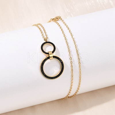 304 Stainless Steel Jet Rhinestone Double Rings Pendant Necklaces NJEW-V001-04G-1