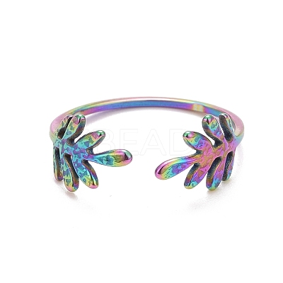 Ion Plating(IP) Rainbow Color 304 Stainless Steel Leaf Open Cuff Ring for Women RJEW-C025-24M-1