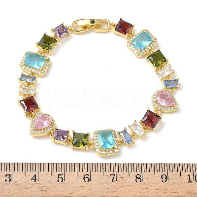 Brass Micro Pave Colorful Cubic Zirconia Rectangle & Square & Teardrop Link Chain Bracelets for Women BJEW-G764-07G-1