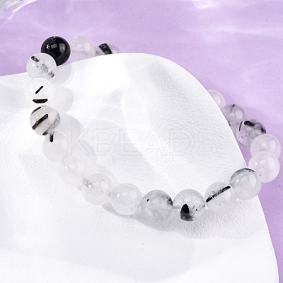 Natural Tourmalinated Quartz Round Beaded Stretch Bracelets for Men Women BJEW-G743-01C-1