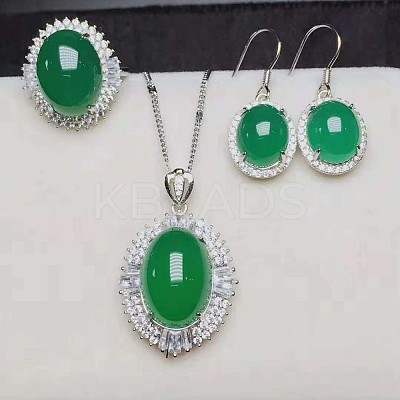 925 Sterling Silver Micro Pave Clear Cubic Zirconia with Natural Chalcedony Pendant Necklaces & Dangle Earrings & Rings Sets WG9CEA2-12-1