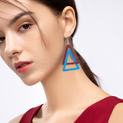 8 Pairs 8 Colors Wood Double Triangle Dangle Earrings with Iron Pins EJEW-AN0004-46-1