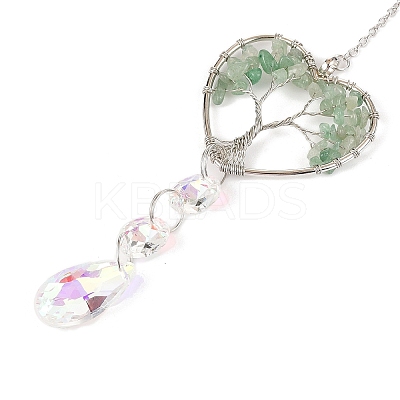 Wire Wrapped Natural Green Aventurine Heart with Tree of Life Pendant Decorations HJEW-K046-02P-07-1
