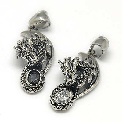 Fashionable Retro 304 Stainless Steel Rhinestone Dragon Pendants STAS-L017-143-1