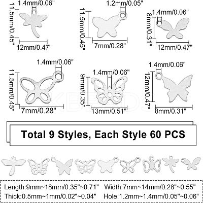 540Pcs 9 Style 201 Stainless Steel Charms STAS-UN0024-19-1