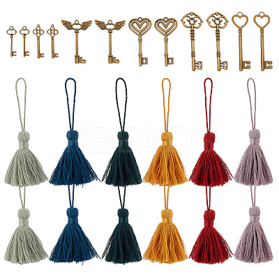24Pcs 12 Colors Polycotton Tassel Pendants Hanging with Tibetan style Alloy Pendant FIND-GO0002-85-1