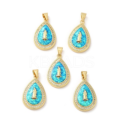 Rack Plating Brass Micro Pave Cubic Zirconia with Synthetic Opal Pendants KK-D088-31G-1