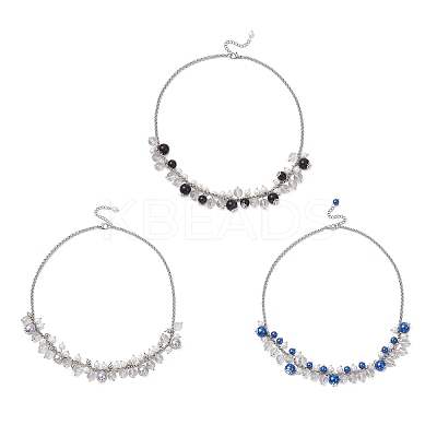 3Pcs 3 Colors Round Glass Beaded Bib 304 Stainless Steel Rolo Chain Necklaces NJEW-JN05359-1