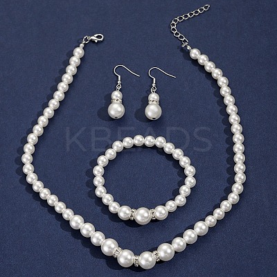 Plastic Imitation Pearl Round Beads Bracelets & Dangle Earrings & Necklaces Sets for Women FS-WG77A0B-01-1