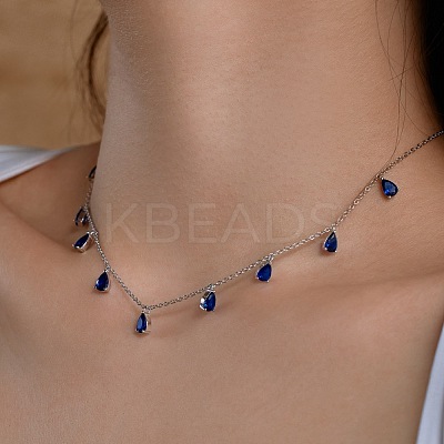 Rhodium Plated 925 Sterling Silver Pave Blue Cubic Zirconia Cable Chain Teardrop Tassel Necklaces for Women NJEW-Q342-14P-1