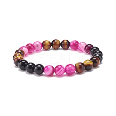 Natural Agate & Tiger Eye(Dyed & Heated) & Black Onyx Round Beaded Stretch Bracelet BJEW-JB08400-01-1