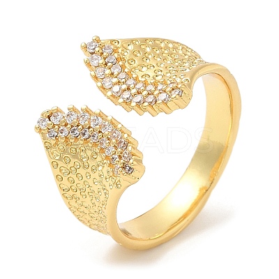 Rack Plating Brass Leaf Open Cuff Rings with Cubic Zirconia RJEW-D008-08G-1