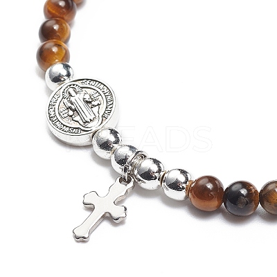 7Pcs 7 Style Natural Mixed Gemstone & Alloy Saint Benedict Medal Beaded Stretch Bracelets Set BJEW-JB08877-1