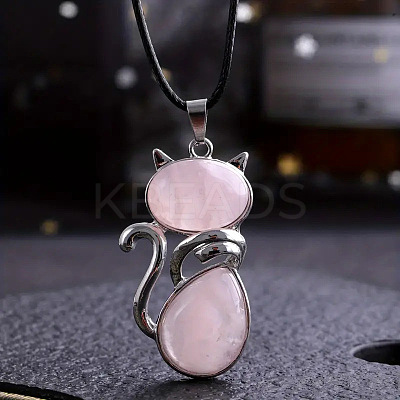 Alloy Pave Natural Rose Quartz Cat Shaped Pendant Necklaces FS-WG6CBFA-01-1