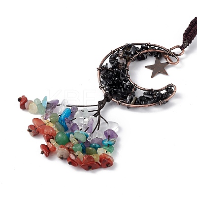 Natural Dyed & Heated Black Agate Moon with Mixed Gemstone Chips Tassel Pendant Decorations G-L524-07R-A01-1