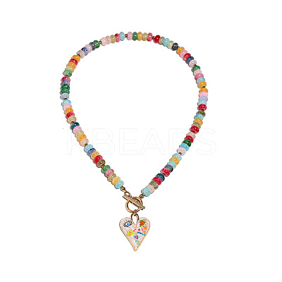 Alloy Enamel Heart Pendant Colorful Glass Rondelle Beaded Necklaces with OT Clasps for Women FS-WG6FAC1-04-1