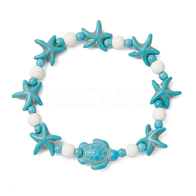 Starfish & Turtle Synthetic Turquoise Beads Stretch Bracelets for Women BJEW-JB12129-02-1