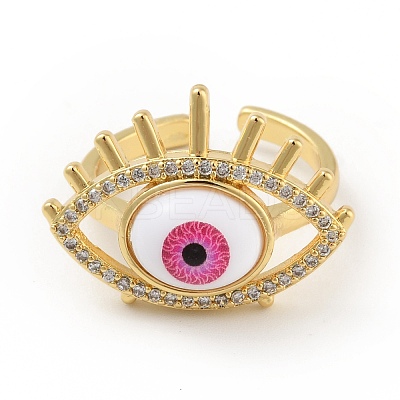 Cubic Zirconia Sun with Evil Eye Open Cuff Ring with Enamel RJEW-B042-08G-01-1