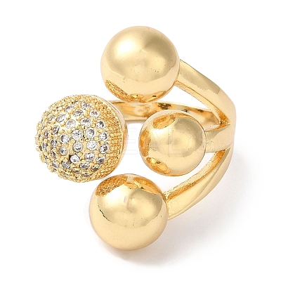 Brass Micro Pave Clear Cubic Zirconia Round Ball Open Cuff Rings for Women LS-RJEW-C098-18G-1