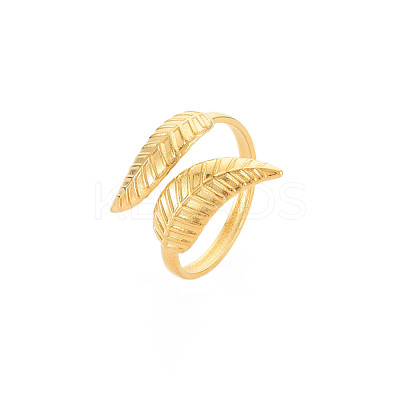 Ion Plating(IP) 304 Stainless Steel Leaf Open Cuff Ring for Women RJEW-S405-175G-1