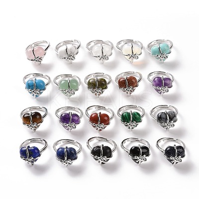 Gemstone Heart with Bowknot Adjustable Ring RJEW-P031-02P-1