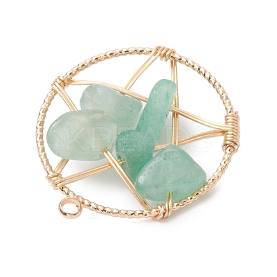 Natural Green Aventurine Nuggets Copper Wire Wrapped Flat Round Pendants PALLOY-JF03038-04-1