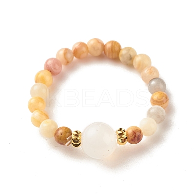 Natural Crazy Agate Round Beaded Stretch Ring with Moonstone RJEW-JR00440-04-1