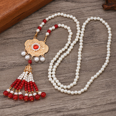 Ancient Style 6mm Imitation Pearl Round Beaded Alloy Cloud Pendant Hanfu Long Necklaces UX7679-2-1